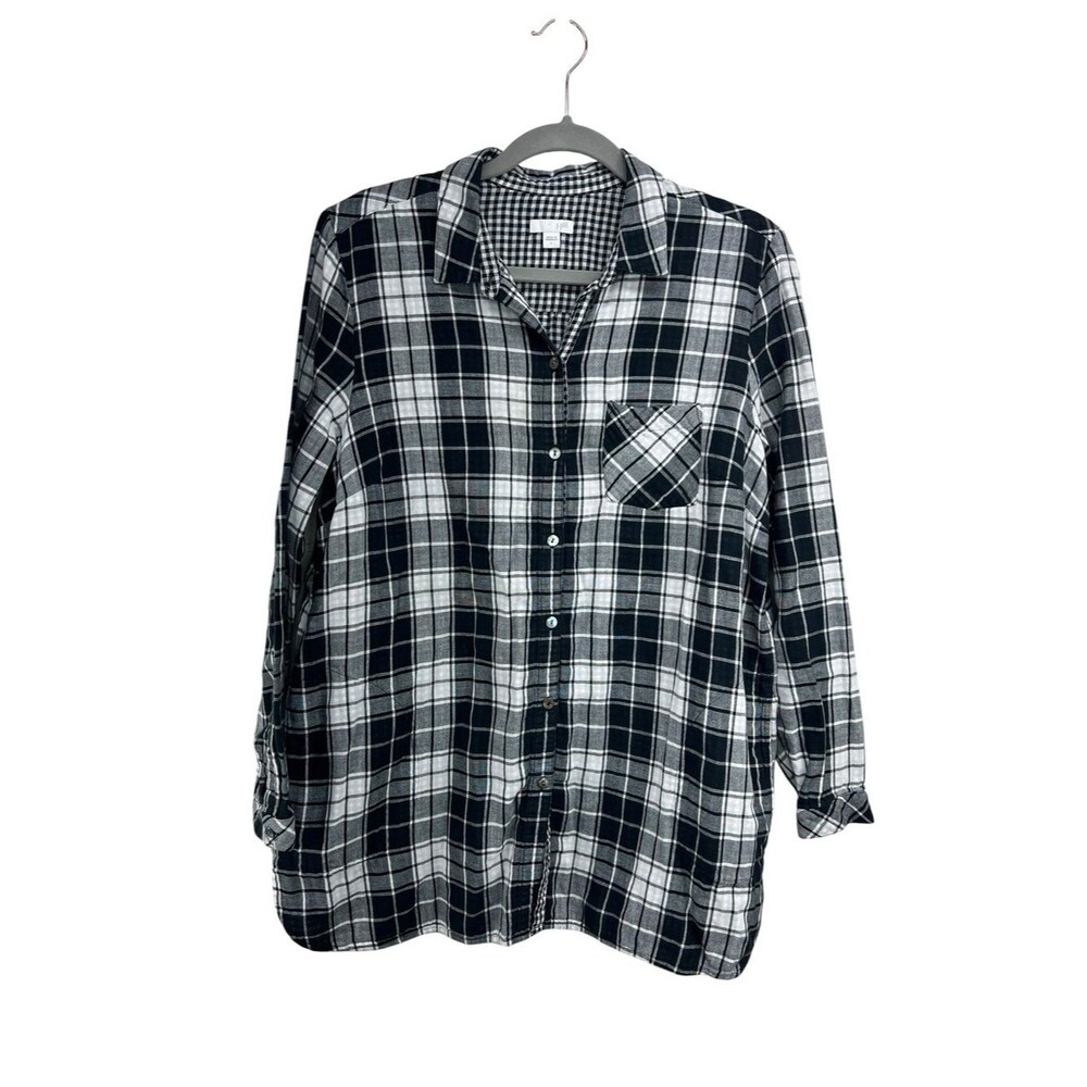 J. Jill Black White Plaid Long Sleeve Button Down Tunic Contrast Plaid Lined Lg